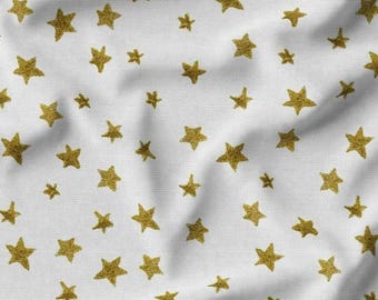 Gold Star Fabric by the Yard, Metallic Stars on White Microfiber, Nursery Decor, Sewing Crafts