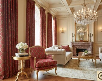 Luxury Red Jacquard Fabric, Classic Medallion Upholstery Textile, Burgundy Victorian Decor