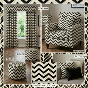 May include: A room setting featuring a black and white chevron pattern. The image includes curtains, an armchair, poufs, and pillows. The fabric pattern is also shown with a scale in centimeters.