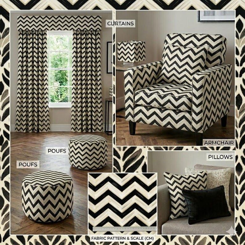 May include: A room setting featuring a black and white chevron pattern. The image includes curtains, an armchair, poufs, and pillows. The fabric pattern is also shown with a scale in centimeters.