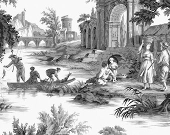 Klassiskt Toile de Jouy-tyg, vintagefranskt möbeltyg, rosa blåsvart