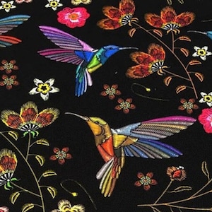 Hummingbird Floral Upholstery Fabric: Embroidery Effect Print, Polyester, 143cm Wide