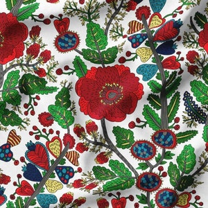 Red Flowers Fabric by the Meter,Ethnic Floral Pattern Fabric Decor Furniture Chair Sofa Upholstery Fabric