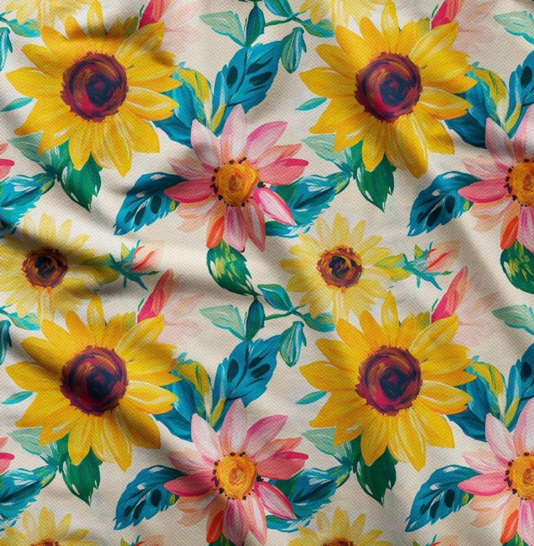 Sunflower Textiles Sunflower Watercolor Fabric by Meter, Yellow Pink Floral Upholstery ...