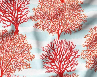 Red Coral Reef Fabric by the Yard, Nautical Striped Cotton Canvas, Coastal Upholstery