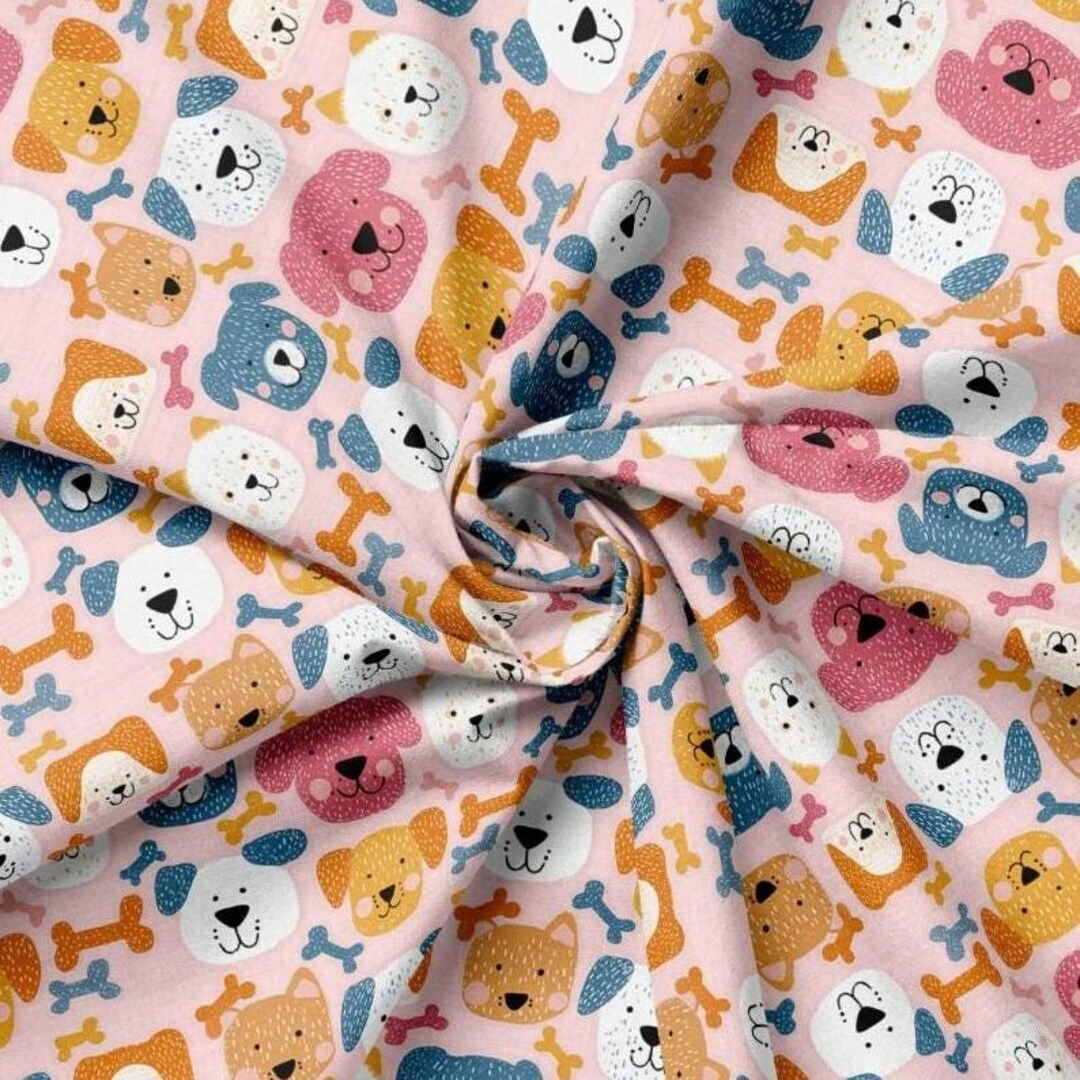Cute Cartoon Dog Fabric by the Yard, Pink Puppy Bone Print for Nursery ...