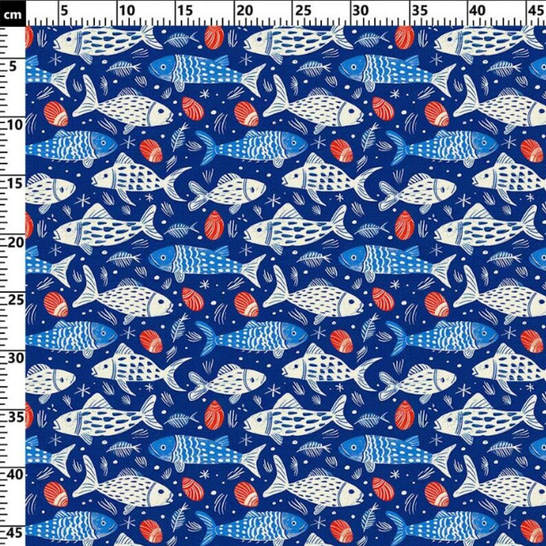 May include: A navy blue fabric with a repeating pattern of white and blue fish, red seashells, and fish bones. The design is a nautical theme, with a whimsical, hand-drawn style. The fabric is suitable for various craft projects.