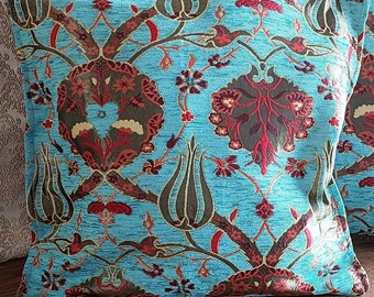 Turquoise Turkish Floral Pillow Cover,Home Decor Rug Tapestry ,Boho Sofa Chair Furniture Pillow Cover