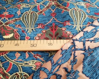 Traditional Turkish Tulip Fabric, Ottoman Blue Damask Upholstery, Floral Anatolian Motif Material