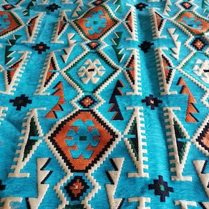 Turquoise Turkish Kilim Upholstery Fabric,Carpet Fabric by the Meter,Decor Rug Tapestry Sofa Chair Fabric