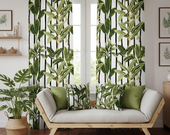 Tropical Banana Leaf Fabric, Black White Stripes, Botanical Upholstery Textile
