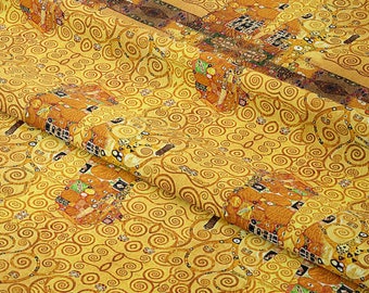 Gold Gustav Klimt Inspired Fabric, Art Nouveau Mosaic Cotton Poly Blend Yardage