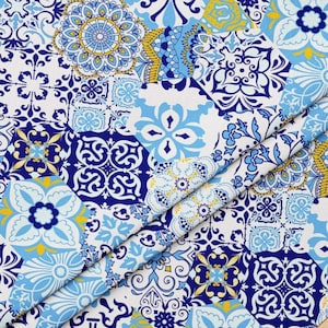 Blue Turkish Ceramic Tiles Print Fabric by the meter,Ethnic Pattern Decor Furniture Chair Sofa Upholstery Fabric