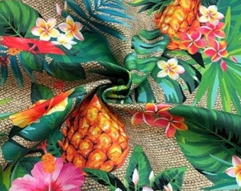 Tropische ananashibiscusstof, jute-look katoen-polymix, 56" breed, decor Luau, kleding