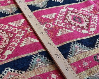 Red Turkish Kilim Upholstery Fabric: Boho Woven Chenille Sofa Chair Material