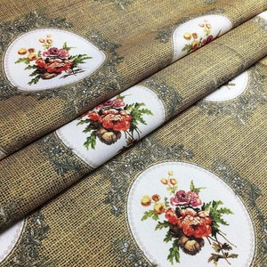 Tela estampada con flores enmarcadas retro por metro, efecto yute, para decoración del hogar, muebles, sillas, sofás, tapicería.