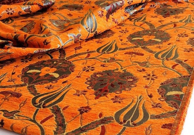 Orange Floral Chenille Fabric Etsy