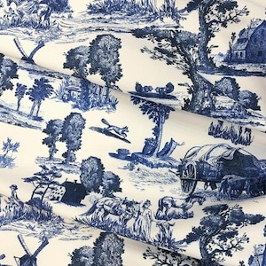Blue Toile de Jouy Fabric: Country House Style Upholstery Fabric