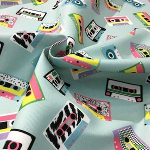 Colorful Cassettes Print Fabric by the Meter, Retro Fabric Decor Furniture Chair Sofa Upholstery Fabric