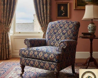 Royal Blue Copper Ottoman Tulip Jacquard Fabric, Turkish Floral Upholstery Textile