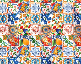 Tessuto in maiolica con motivo limoni siciliani, tagliato su misura, in policotone con stampa di frutta italiana (larghezza 143 cm)