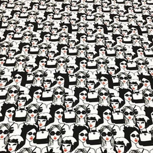 May include: A repeating pattern of stylized women's faces in black and white. Each face wears sunglasses and has red lipstick. The women are closely packed together, creating a dense, graphic design.