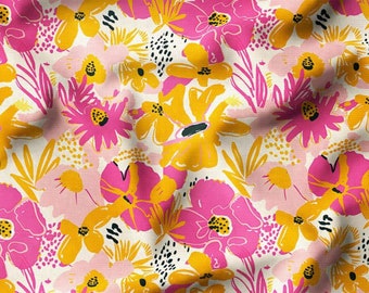 Modern Floral Fabric by Yard, Pink Yellow Retro Abstract Print, Bold Botanical Polyester Blend