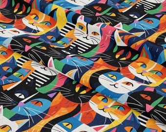 Abstract Cat Fabric, Pop Art Kitty Upholstery, Mid-Century Modern Home Decor