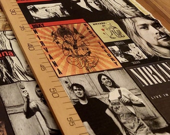 Tecido com estampa das capas dos álbuns do Nirvana: Decoração para casa com temática de rock e estofados.