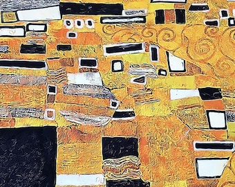 Klimt Inspired Gold Fabric, Art Nouveau Geometric Mosaic Print, Upholstery Textiles