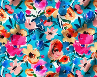 Abstract Floral Fabric by Yard, Painterly Botanical Print, Turquoise Pink Orange Summer Decor
