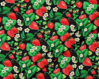 Strawberry Fruit Fabric by the Yard,Red Berries on Black Background,Botanical Garden Fabric,Summer Kitchen Decor Sewing,Cottagecore Style