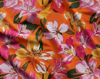 Vibrant Pink Lily Botanical Fabric by Meter, Bold Orange Floral Upholstery Textile