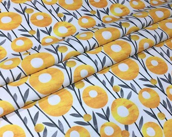 Gelber Retro Floral Polyester Stoff, Skandinavischer Mid-Century Modern Polsterstoff