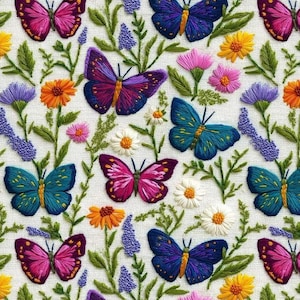 Colorful Butterfly Print Fabric by the meter,3D Embroidery Effect Floral Pattern Decor Furniture Chair Sofa Upholstery Fabric