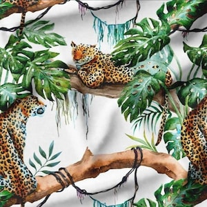 Leopard Print Fabric by the Meter,Tropical Floral Fabric Decor Furniture Chair Sofa Upholstery Fabric