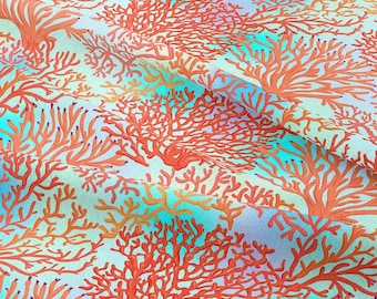 Coastal Coral Reef Fabric, Turquoise Orange Nautical Sewing, Beach House Decor (56" Wide)