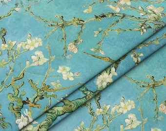 Van Gogh Almond Blossom Fabric, Turquoise Floral Oil Painting Textile, Upholstery Sewing Cloth