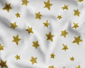 Tecido Gold Star vendido por metro, estrelas metálicas em microfibra branca, decoração para quarto de bebê, artesanato em costura.