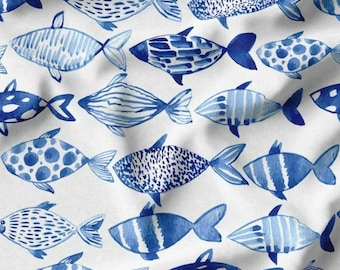 Blue Watercolor Fish Fabric, Nautical Sea Life Upholstery, Coastal Beach House Decor Meter