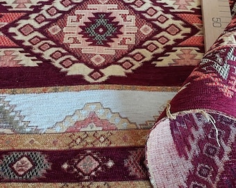 Burgundy Chenille Kilim Upholstery Fabric: Boho Woven Sofa Chair Material