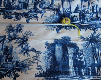 Tela Toile de Jouy azul cortada a medida, lienzo de algodón con escena oriental estilo chinoiserie, decoración para el hogar de estilo campestre francés, tela de tapicería azul y blanca.