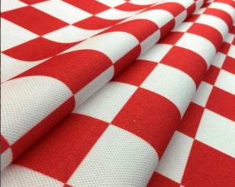 Red White Checkerboard Fabric, Polyester Cotton Blend, By the Yard, Racing Decor, Tablecloths