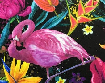 Neon flamingo exotische bloemenstof, donker tropisch zwart polyester textiel