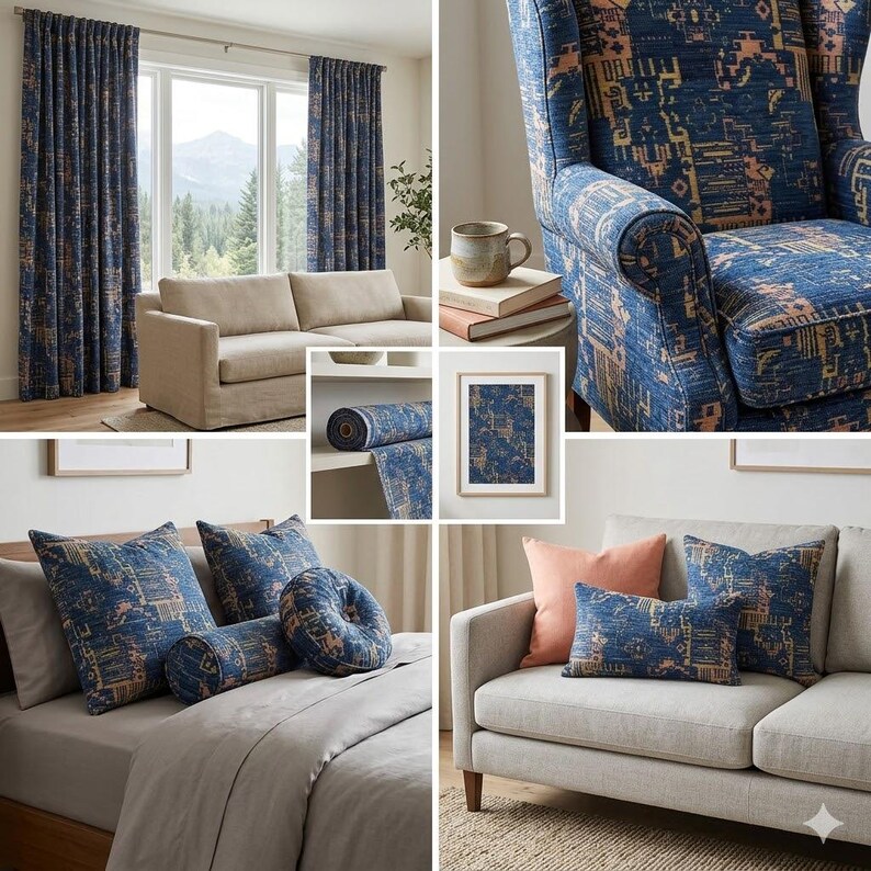 May include: A collection of home decor items featuring a blue fabric with a geometric tan and orange pattern. The set includes floor-length curtains, a wingback chair, throw pillows in square and round shapes, a bolster pillow, and fabric rolls.