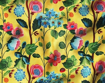 May include: A vibrant floral pattern on a yellow background. The design features stylized flowers in shades of red, pink, and blue, with green leaves and brown stems. The overall aesthetic is reminiscent of a botanical illustration.