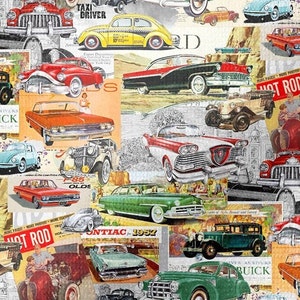 Old Cars Fabric by the Meter, Retro Fabric Decor Furniture Chair Sofa Upholstery Fabric