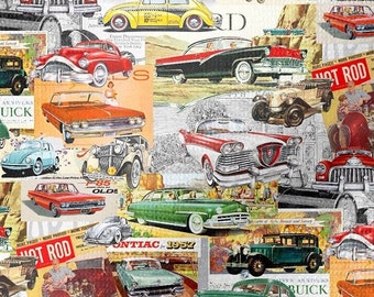 1950s Classic Car Collage Fabric, Retro Americana Print, Man Cave Decor Upholstery