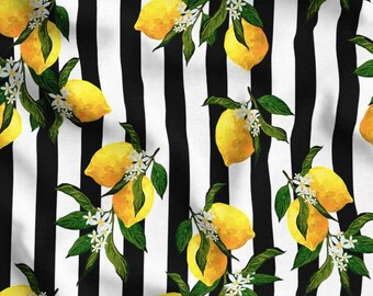 Vibrant Lemon Stripe Fabric, Black White Citrus Fruit Print, Mediterranean Kitchen Decor