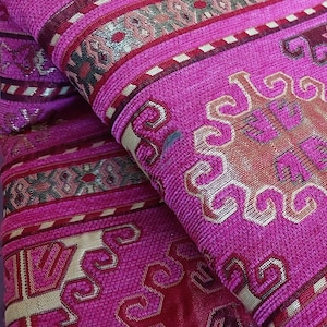 Fuschia Pink Turkish Kilim Upholstery Fabrics by the meter,Boho Aztec Woven Chenille Fabric, Decor Rug Tapestry Sofa Chair Furniture Fabric